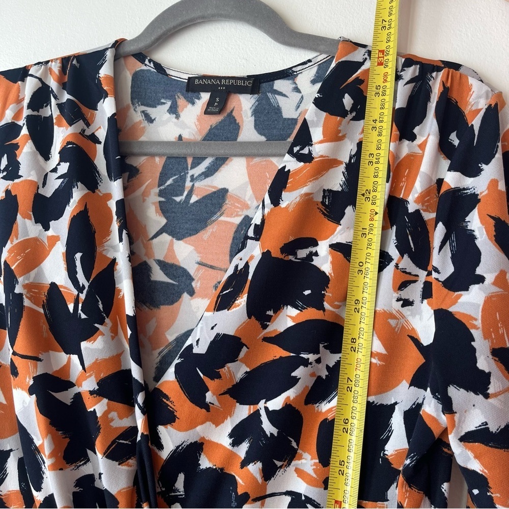 Banana Republic Wrap Front Dress Size Small, Navy Orange Abstract Print Stretch - Picture 8 of 12